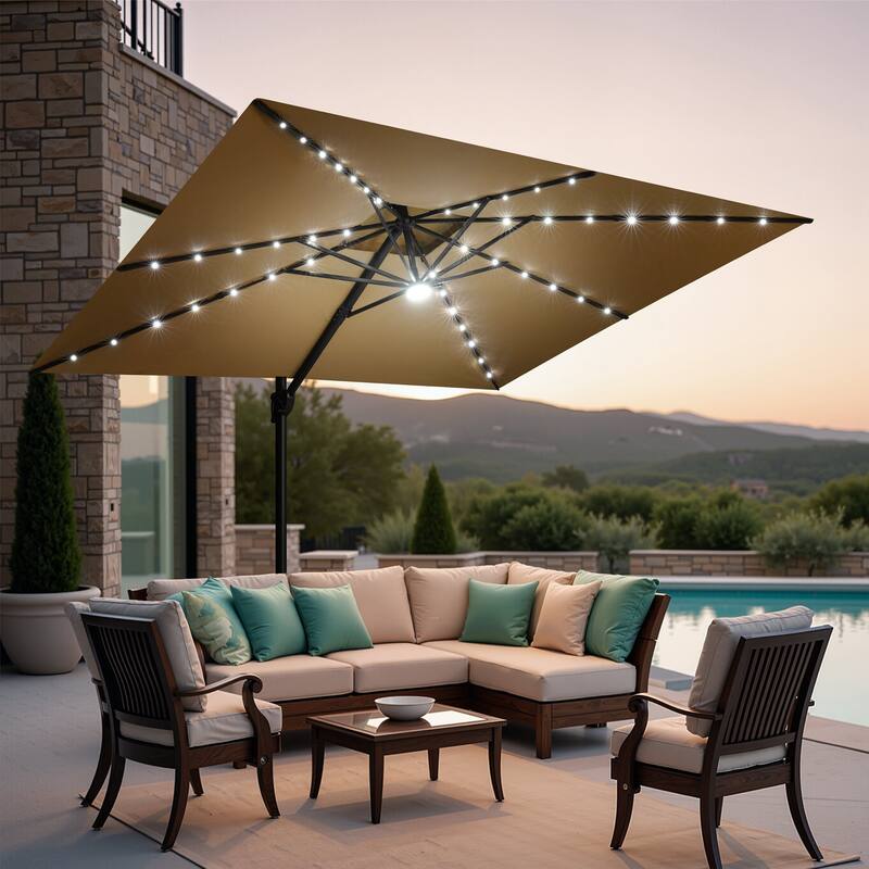 9 FT x 11 FT Outdoor Double Top LED Lighted Patio Cantilever Umbrella