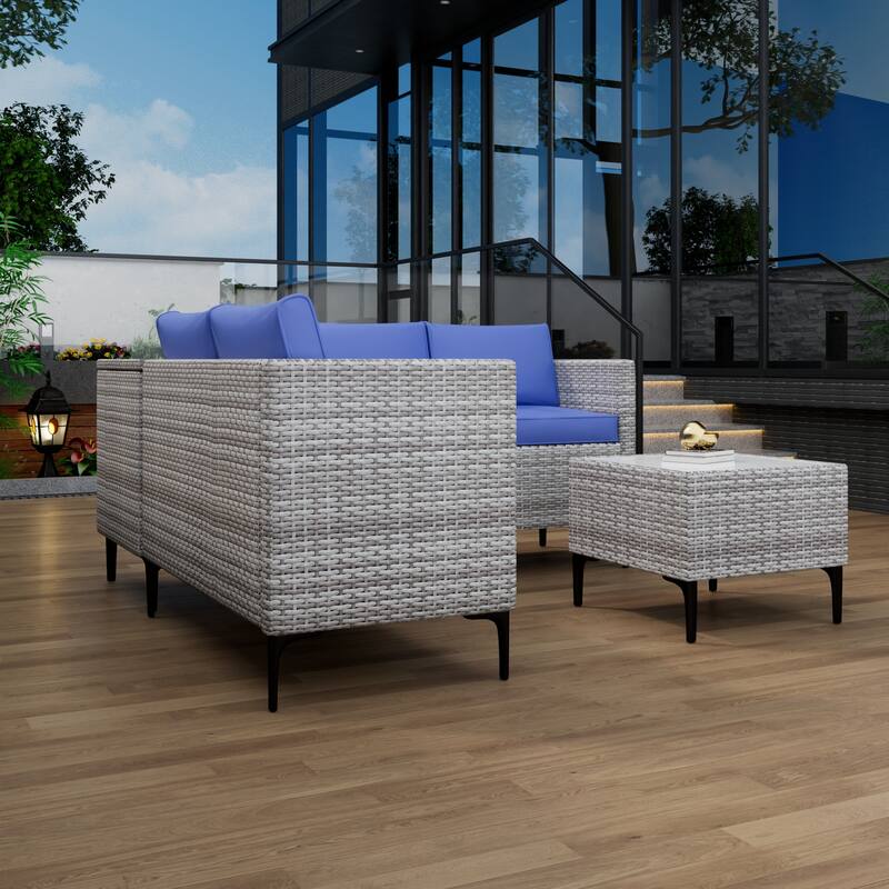 4-Piece Rattan Patio Set – Modular Sectional with Storage Box & Glass Table, Weather-Resistant for Outdoor Lounge,