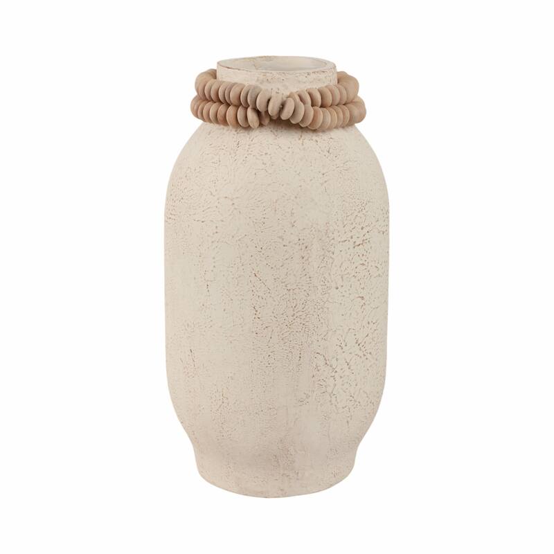 Pottery Mango Wood Vase Textured Surface and Removable Beaded Accent