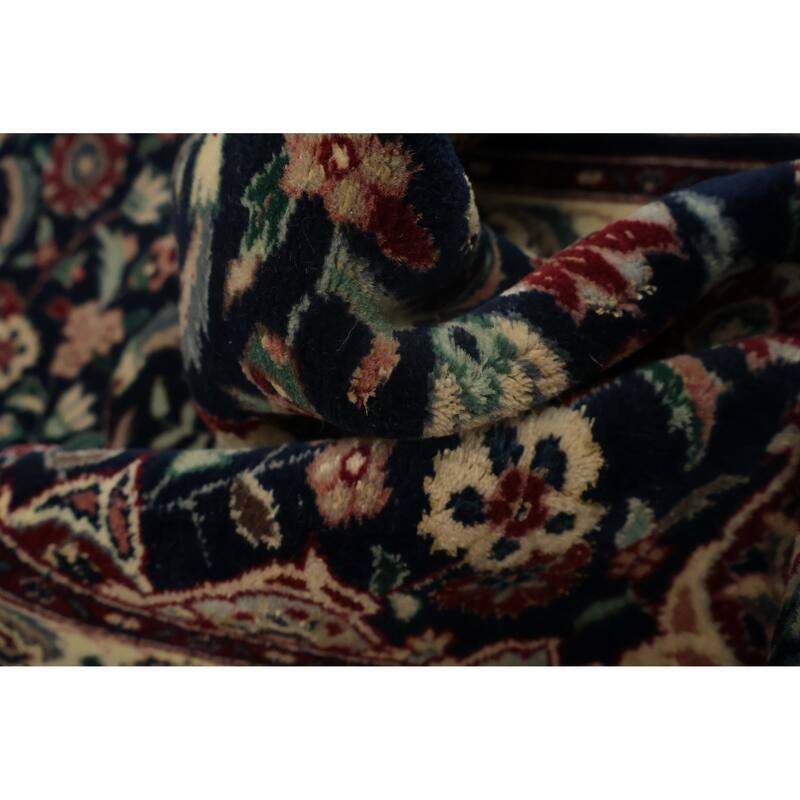 Hand Knotted Oriental 100% Wool Carpet Traditional Floral Navy Blue & Blues Kashan Runner Rug - 13' 10'' X 2' 7''