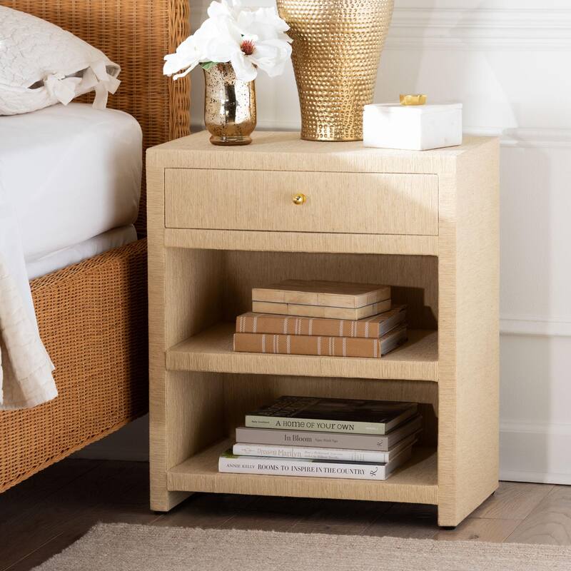 William Grasscloth 1-Drawer Nightstand with Open Shelves - Woven Texture Bedside Table with Gold Knob, Modern Coastal Accent