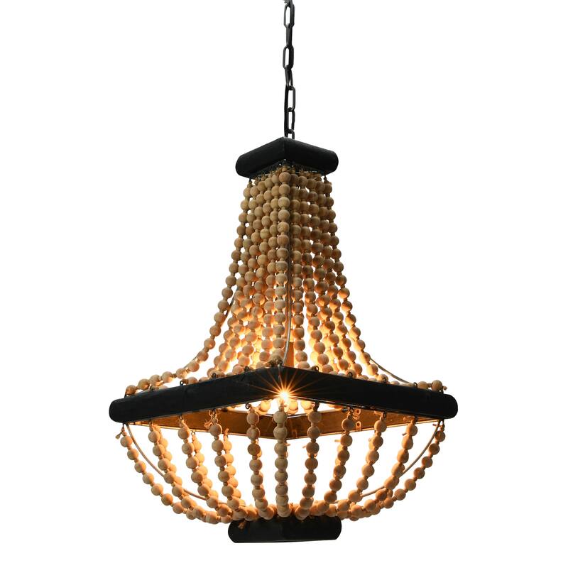 Wood & Metal Framed Chandelier with Wood Bead Draping