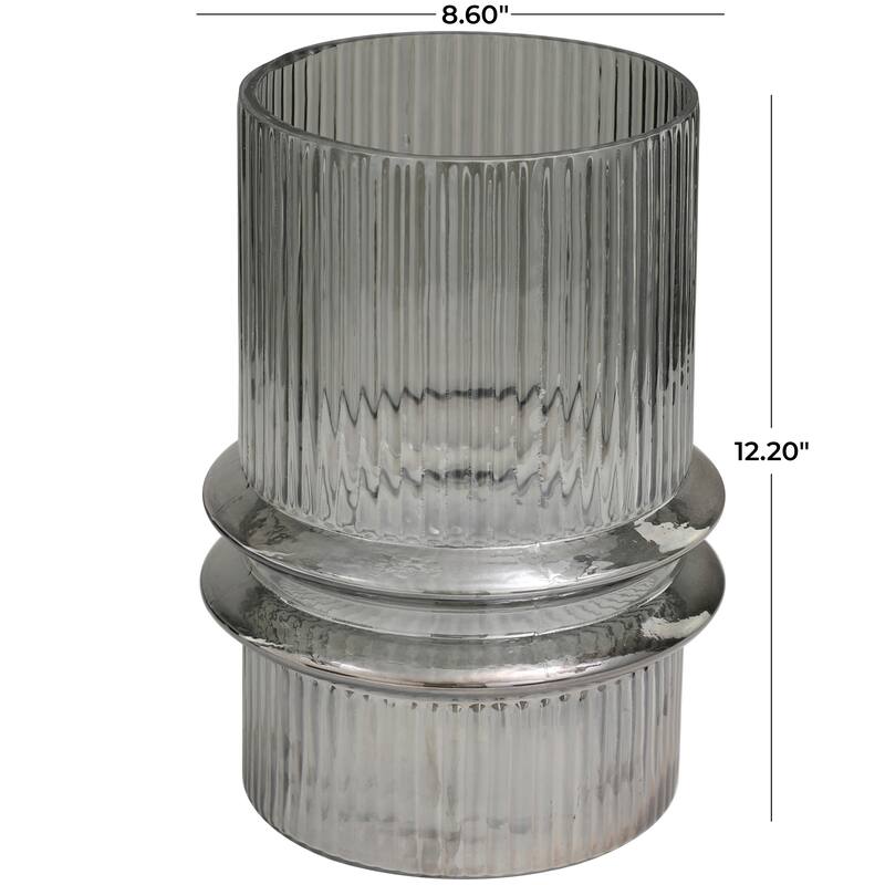 Gray Glass Wide Ribbed Candle Holder with Fluted Center