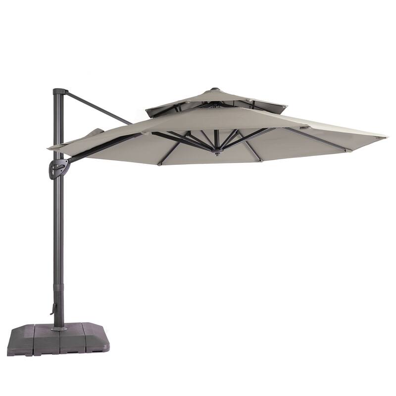LIVOOSUN 11Ft Double Top Patio Hanging Octagon Cantilever Umbrella with 360-degree Rotating Canopy, Red