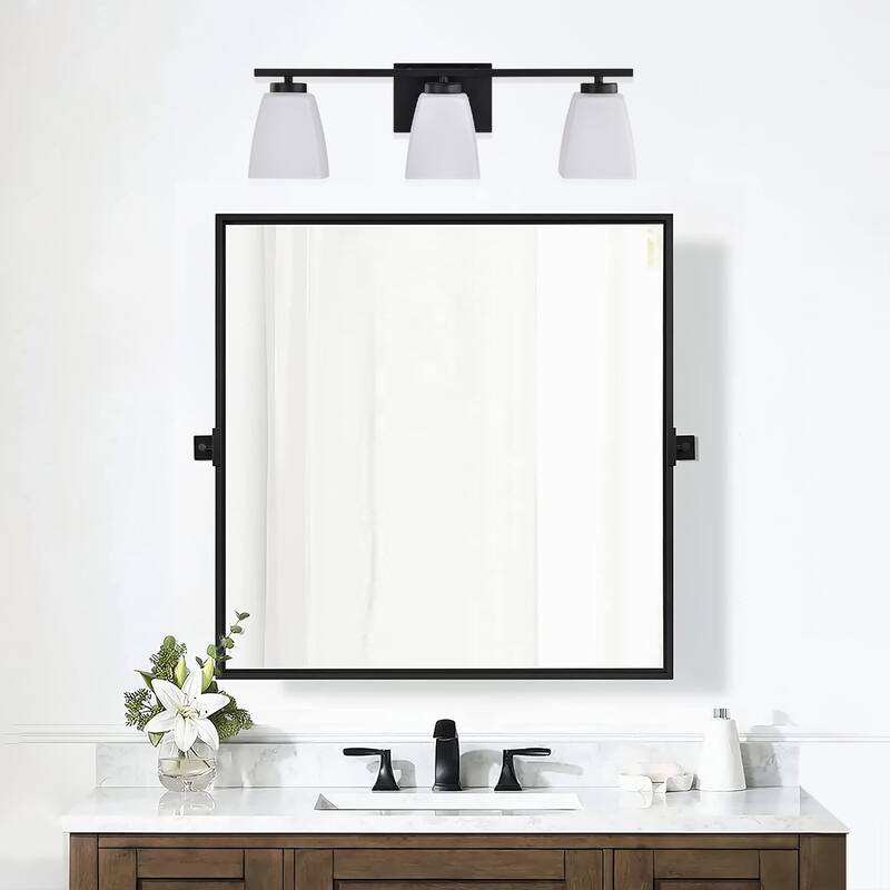 Brushed Nickel/Matte Black/Gold Modern 3-Light Vanity Light with Square Etched White Glass Shades