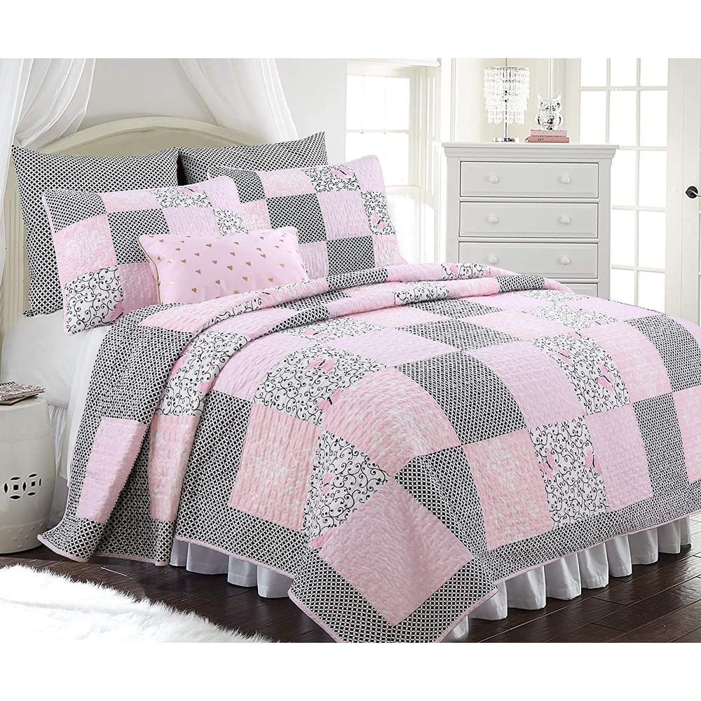 Cozy Line Emerson Pink Butterfly Patchwork Reversible Cotton Quilt Bedding Set