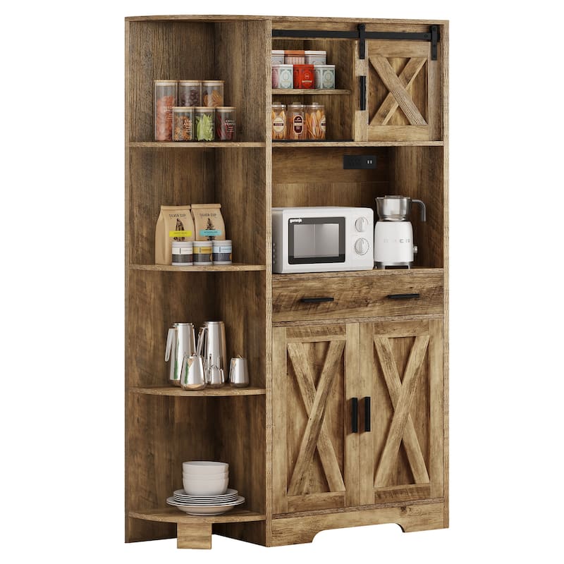 Moasis 67" Farmhouse Kitchen Pantry Storage Cabinet, Freestanding Buffet Sideboard Hutch with Doors & Shelves - Brown