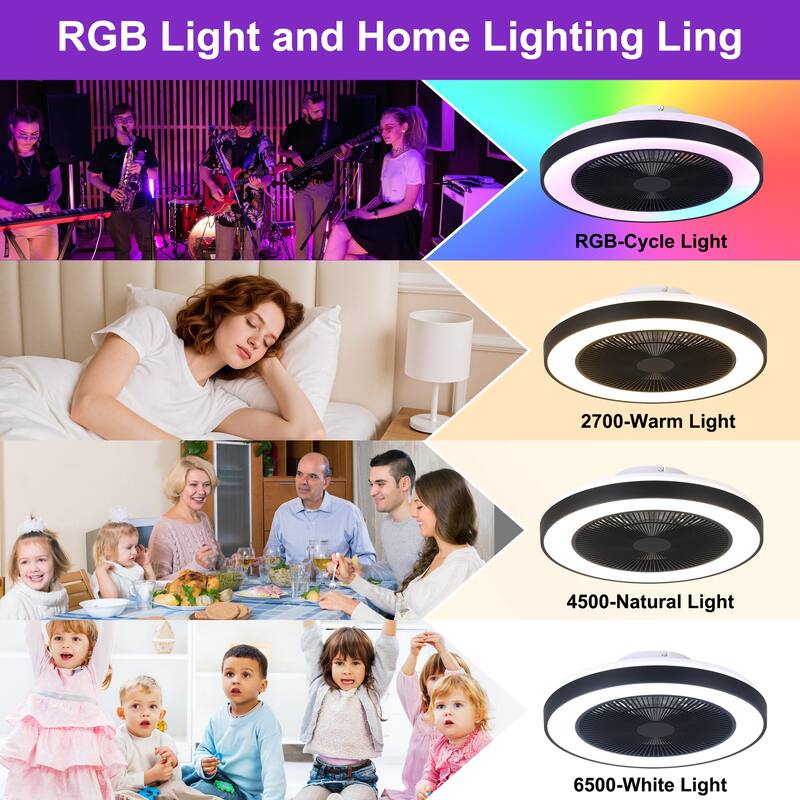 Cusp Barn 19" Modern Low Profile Flush Mount Ceiling Fans with Lights, Smart RGB Ceiling Fan with Alexa/Tuya APP/Voice Control