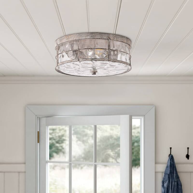 Industrial Grey Rust Flush Mount Ceiling Light with Water Ripple Glass Shade