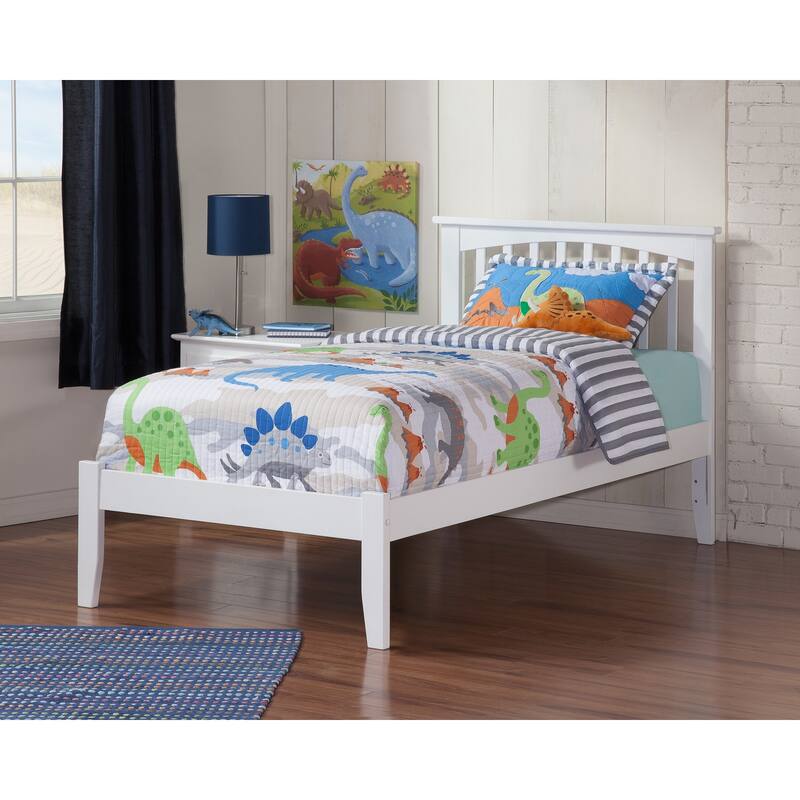 Twin XL Platform Bed - White Finish, Open Footboard, Slats & Decorative Headboard