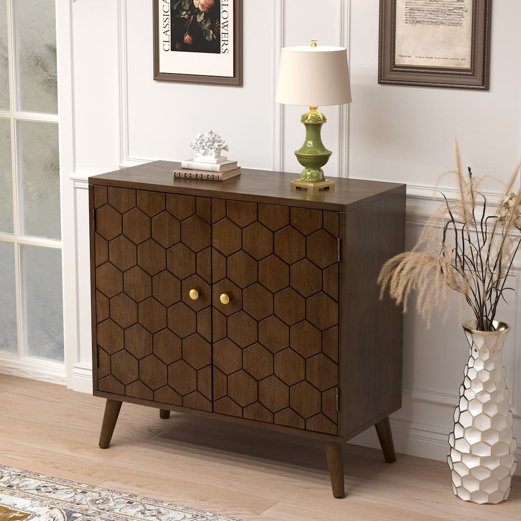 COSIEST Dark Brown Farmhouse Storage Cabinet with Honeycomb Pattern