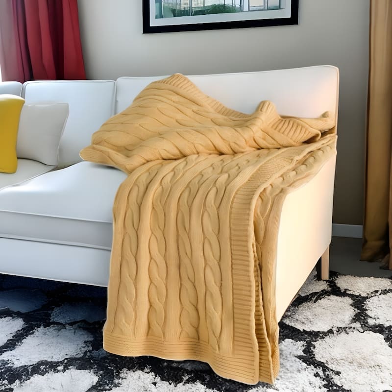 HomeRoots 50" X 60" Yellow Cotton Cable Knitted Throw Throw Blanket - Throw - Yellow