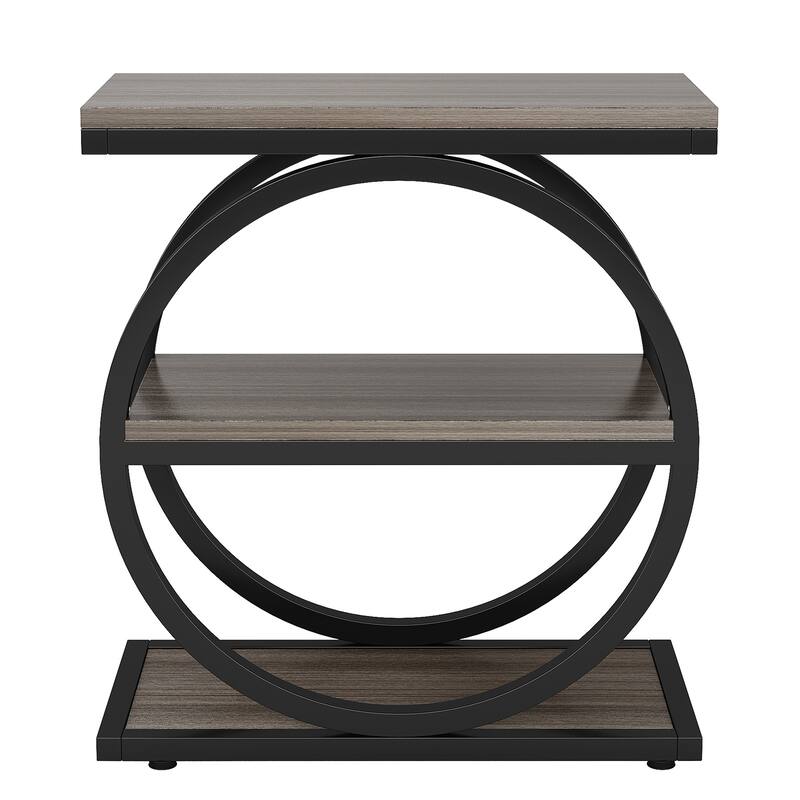 Narrow End Table with 3 Shelves - 23.6" Space-Saving Side Table, Grey Wood & Black Metal Frame - Multi-Functional Sofa Table