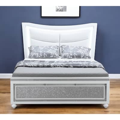 HomeRoots Silver And White Faux Crystal Bling Wood And Upholstery Lighted Full Bed Frame