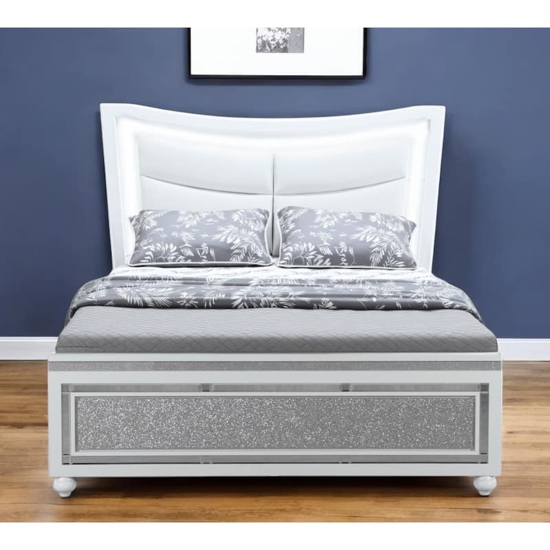 HomeRoots White And Silver and White Faux Crystal Bling Wood And Upholstery Lighted Queen Bed Frame - Queen