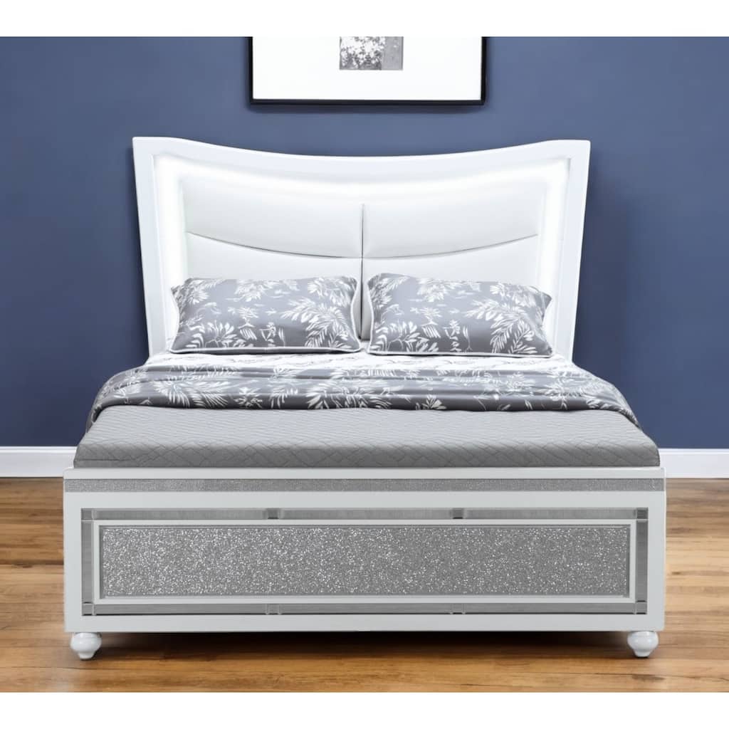 HomeRoots White And Silver and White Faux Crystal Bling Wood And Upholstery Lighted Queen Bed Frame