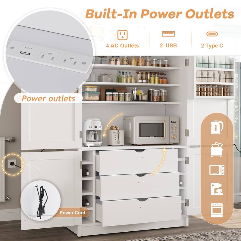 80.1" Tall Freestanding Kitchen Pantry, Shaker Style Cabinet with 2 Power Outlets, Adjustable & Door Shelves