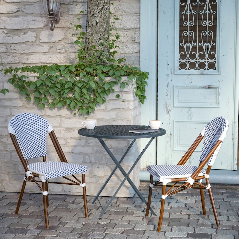 2 Pack All-Weather Commercial Paris Chairs with Bamboo Print Frame - 18.5"W x 22"D x 34.25"H - White & Navy/Natural Frame