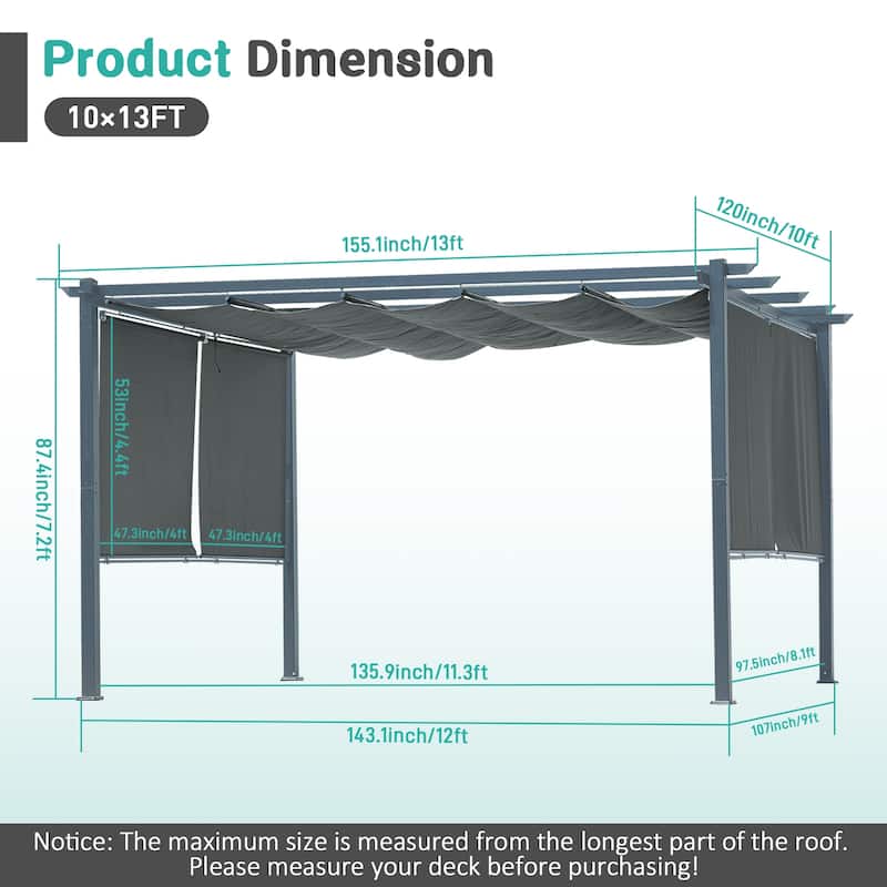 Aoodor 13 x 10 FT Outdoor Pergola with Retractable Shade Canopy, 4 Pieces Roller Shade Curtain