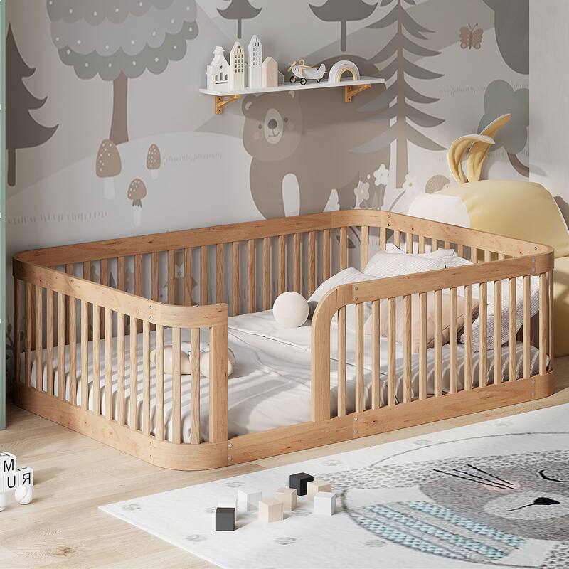 Floor Bed Frame with Fence, Montessori Toddler Bed, No Slats, No Doors, Rounded Corners Wooden Bed
