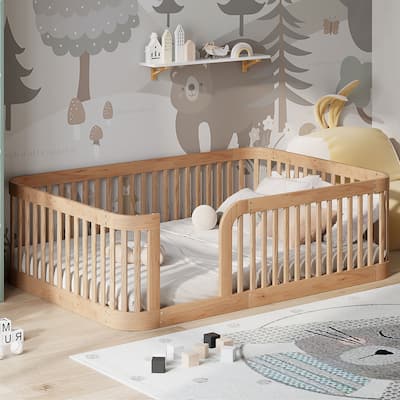 Wood Full Size Bed Frame with Safety Fence, Natural Wood Platform Bed, No Box Spring Needed