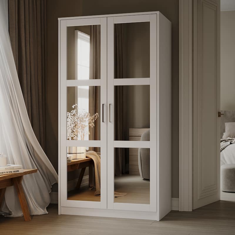 Palace Imports 100% Solid Wood 2-Door Urban Wardrobe Armoire with Solid and Mirrored Doors - White-Mirrored Doors