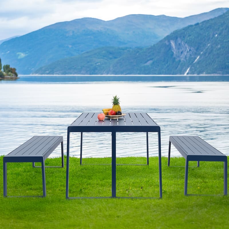 Aoodor 3-Piece Outdoor Patio Dining Set, Aluminum Furniture Set with 1 Rectangular Picnic Table and 2 Benches - N/A