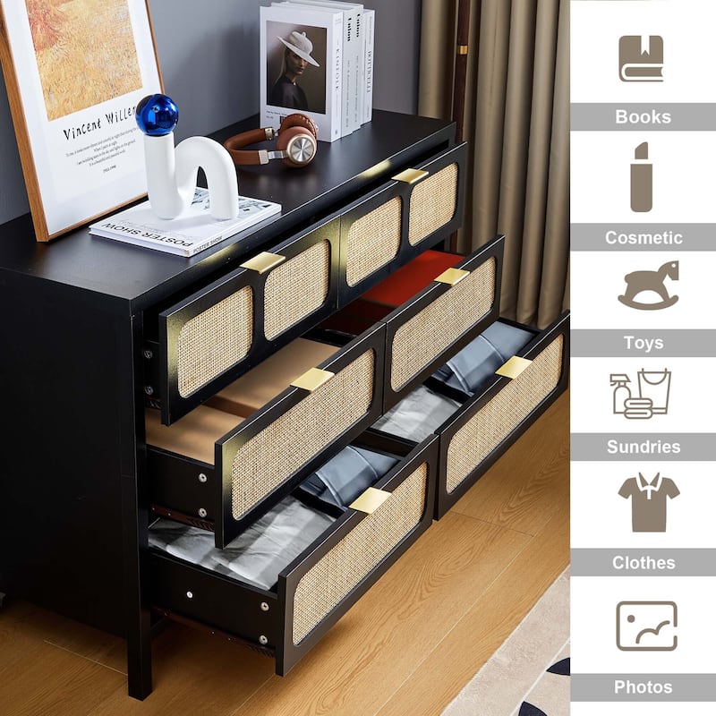 Wooden Rattan Woven 6-Drawer Storage Dresser Cabinet