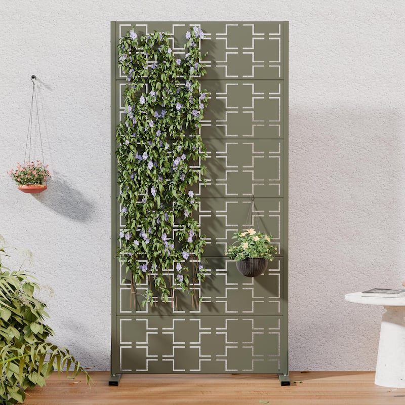 Modern Metal Privacy Screen Outdoor Decorative Partition with Stable Base Hanging Plant-Friendly Panel - 60"H x 30"W - Olive Gray