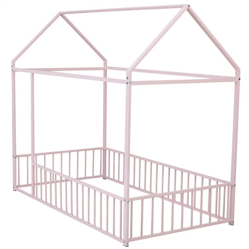 Twin Size Metal Bed House Bed Frame with Fence