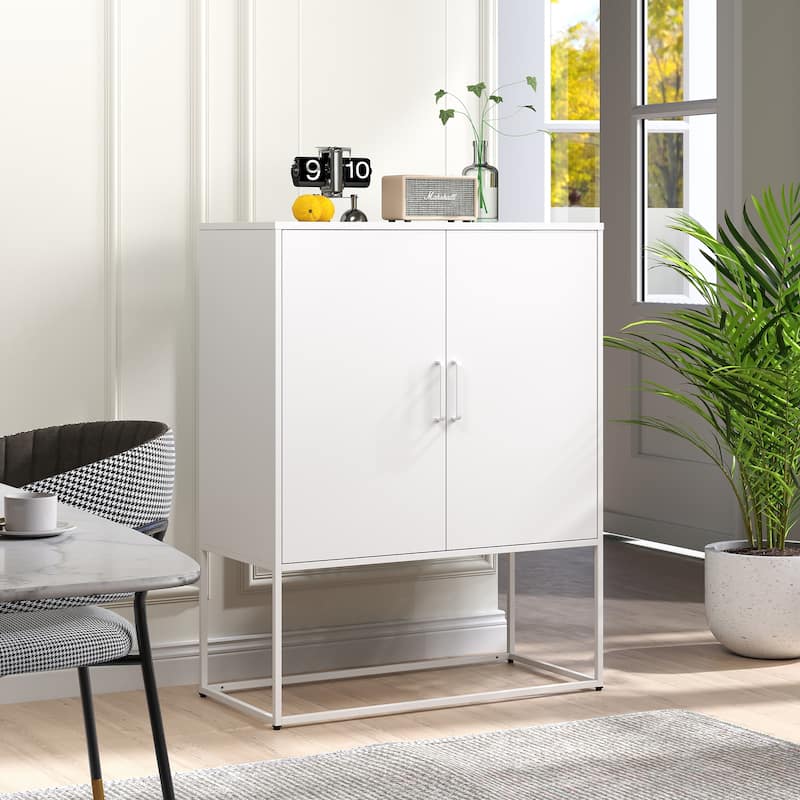 Heavy Duty Metal Buffet Sideboard Modern Steel Storage Cabinet with 2 Shelves, Free Standing Accent Cabinet with Magnetic Doors - White