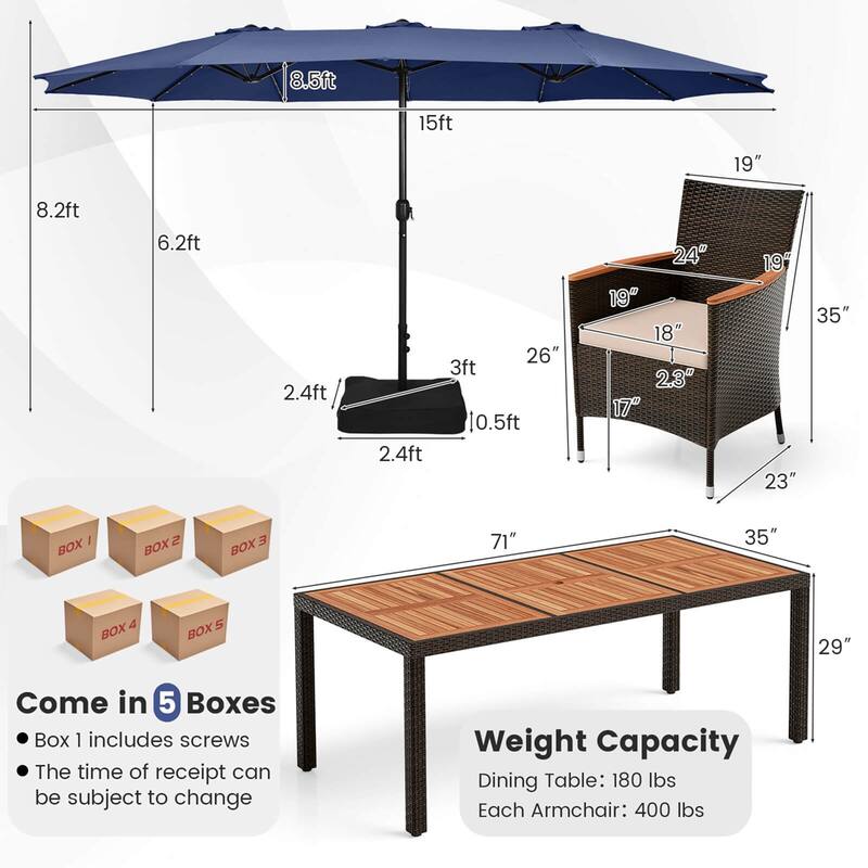 Costway 11 PCS Patio Dining Set with 15ft Double-Sided Patio Umbrella