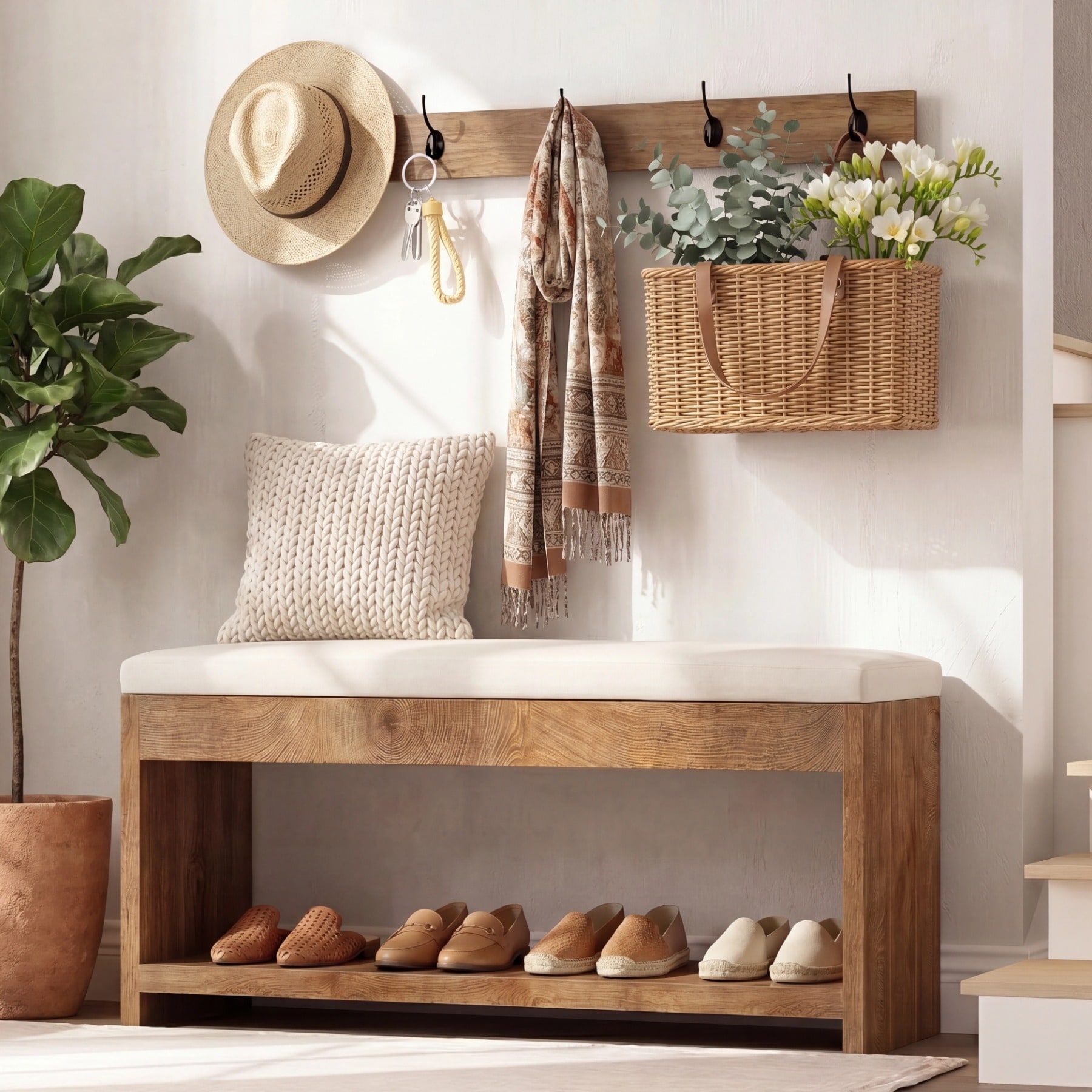 Entryway Bench with Storage and Padded Seat Cushion