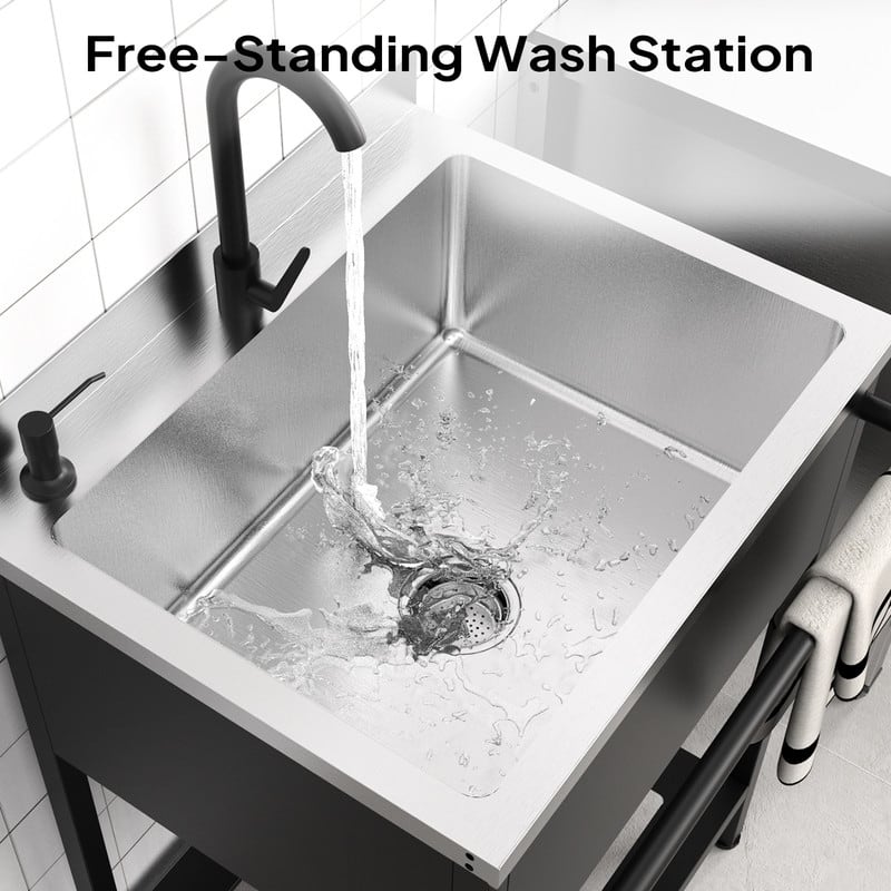 25.7 In. Freestanding Stainless Steel Utility Sink With Towel Rack And Storage Shelf