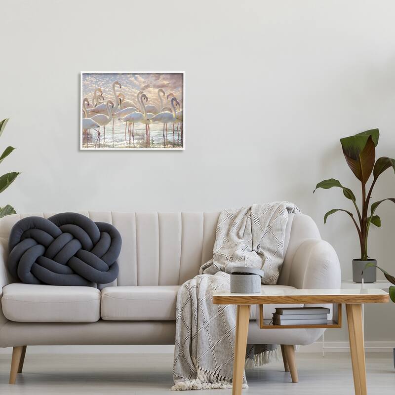 Stupell Pretty Pink White Flamingos Standing Sparkling Water Clouds Framed Wall Art - Multi-Color