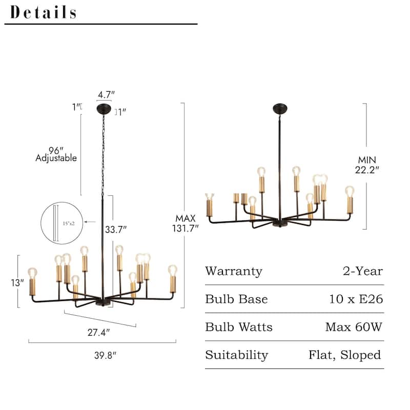 Modern Abstract 10-Light Black Gold Chandeliers with Branch-Shaped for Kitchen Dining Room - 39.8 " × 27.4 " × 13 "