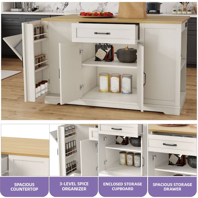Moasis 50" Kitchen Island with Power Outlet & Drop Leaf,Rolling Island Cart with Trash Can Cabinet