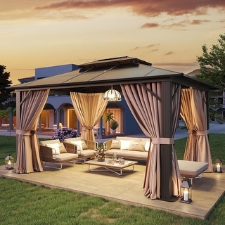 Hardtop Gazebo, Aluminum Frame Permanent Pavilion with Curtains and Netting