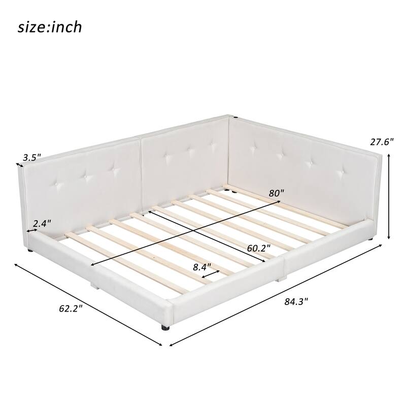 Queen Size Linen Upholstered Low Platform Bed Frame with USB Ports