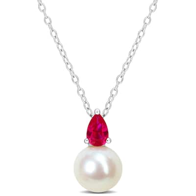 Miadora 3/5ct TGW Created Ruby and 8.5-9mm Cultured Freshwater Pearl Pendant with Chain Silver - 15.5 mm x 8.7 mm