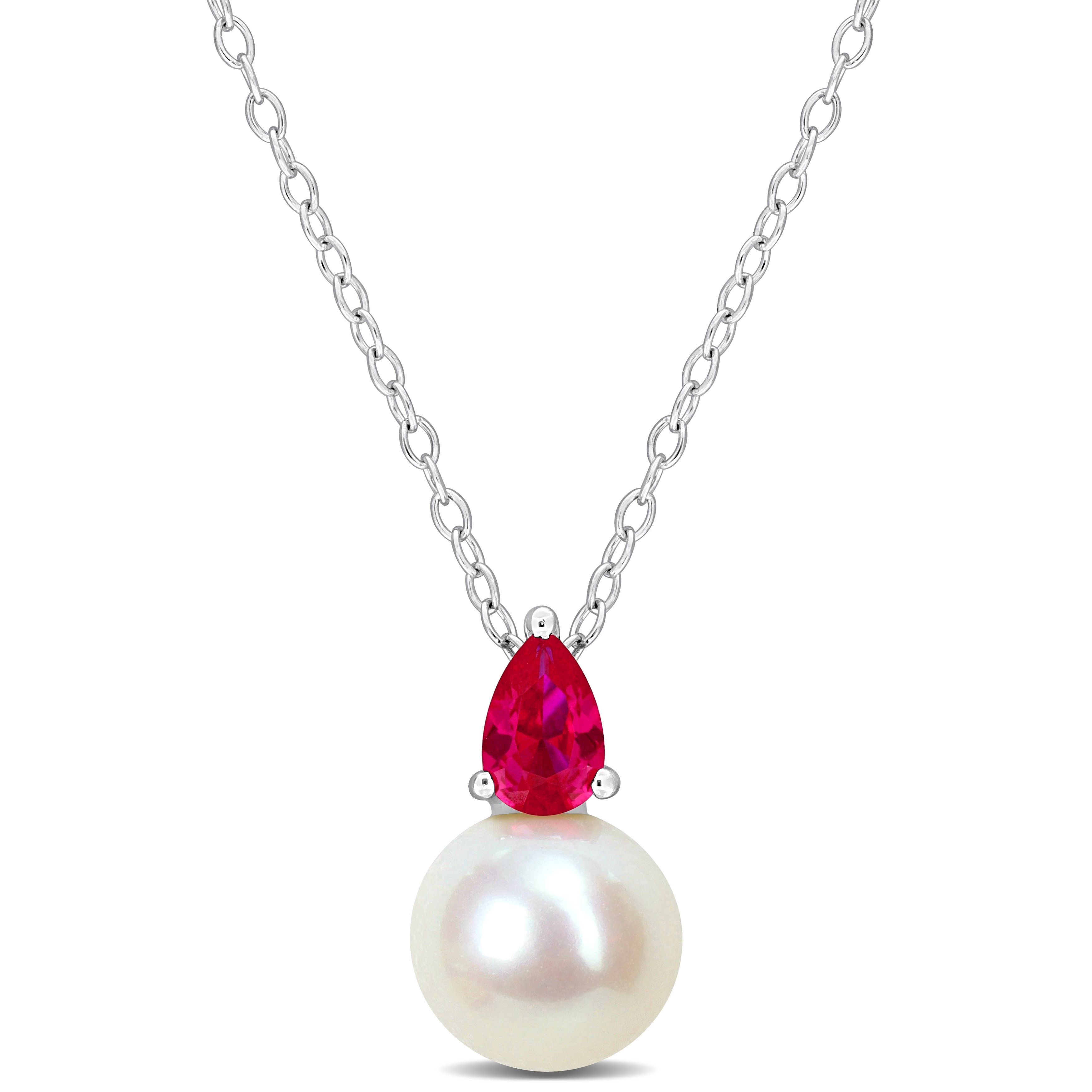 Miadora 3/5ct TGW Created Ruby and 8.5-9mm Cultured Freshwater Pearl Pendant with Chain Silver - 15.5 mm x 8.7 mm
