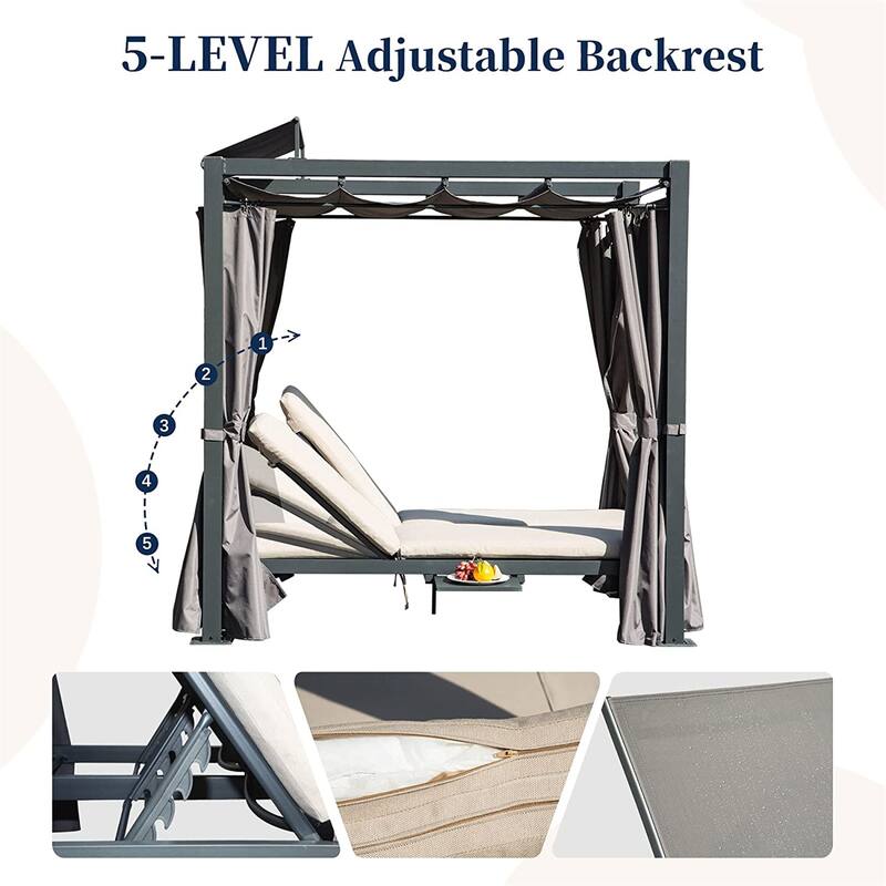 Outdoor Patio Daybed with Retractable Canopy, Double Chaise Lounge with Grey Curtain & Beige Cushion, for Pool, Garden, Backyard