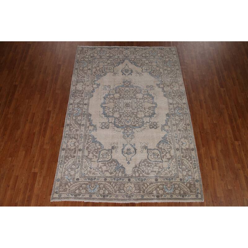 Distressed Tabriz Persian Area Rug Handmade Vintage Wool Carpet - 6'5" x 9'4"