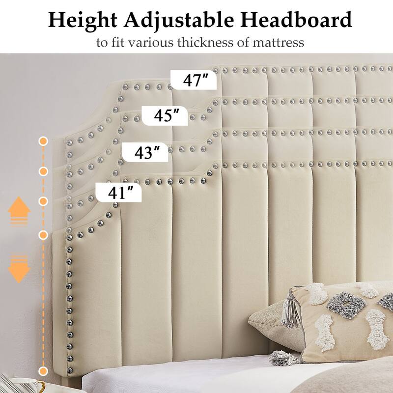 VECELO Upholstered Bed Frame with Nailhead Trim Adjustable Height Headboard, Twin/Full/Queen Size Bedframes