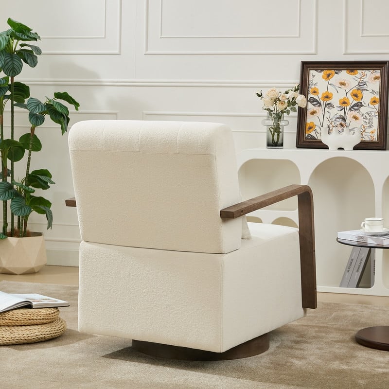 Solid Wood Swivel Accent Chair with Armrests and Lumbar Pillow - 360° Rotation