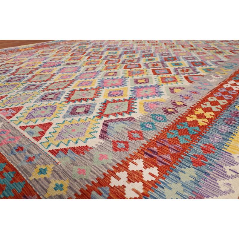 Flat Weave Geometric Kilim Oriental Large Rug Flatweave Wool Carpet - 10'1" x 15'11"