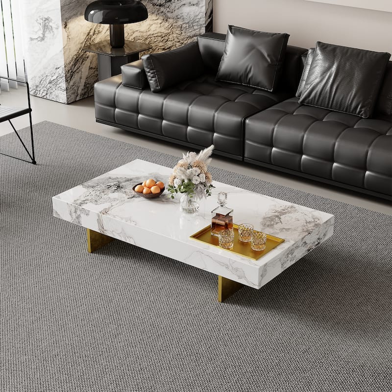 Modern 42" Faux Marble Square Coffee Table，Glossy Sintered Stone Tabletop