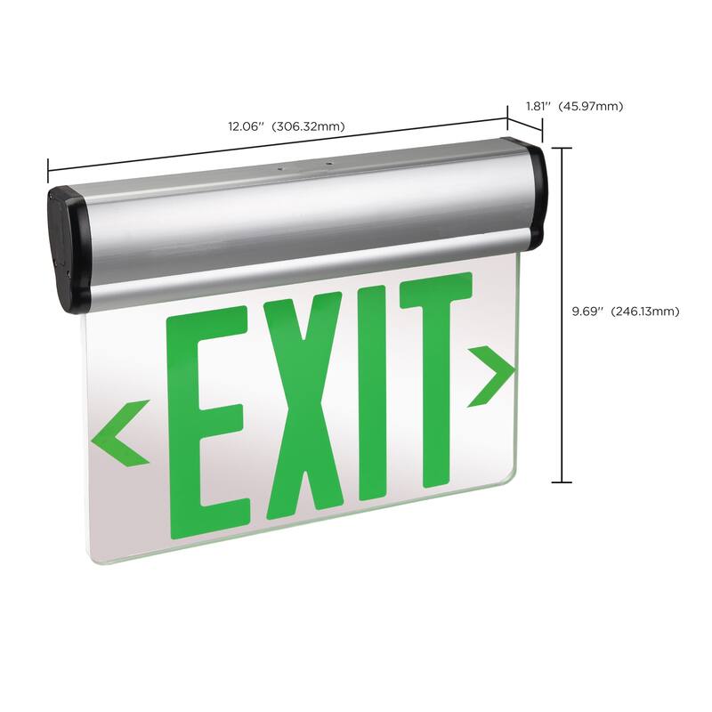 Green (Mirror) Edge Lit LED Exit Sign 90min Ni-Cad backup 120/277V - Silver