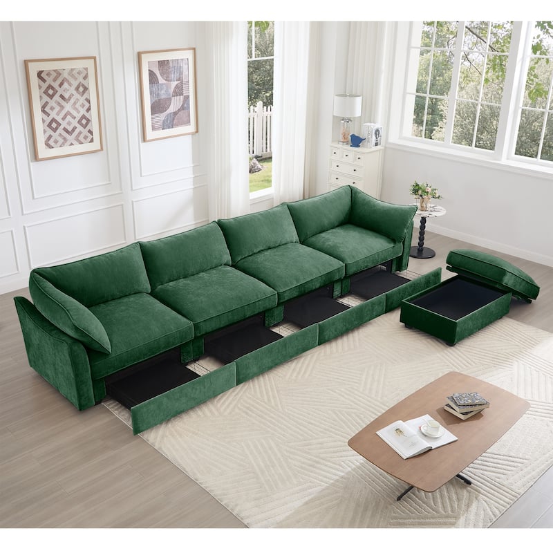 L-Shaped 4-Deep Seater Sectional Sofa Couch with 1 Movable Storage Ottoman & Pull out Drawers Under Each Seat