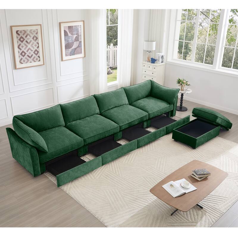 L-Shaped 4 Seater Sectional Sofa Couch,4-seat Sofa with 1 Movable Ottoman, Crescent-shaped Armrests And Wraparound Back